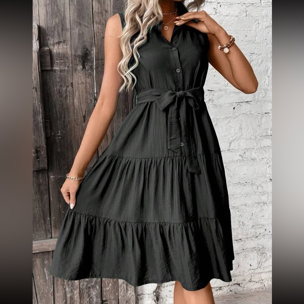 Boho ruffle hem belted shirt dress - Picture 6 of 16